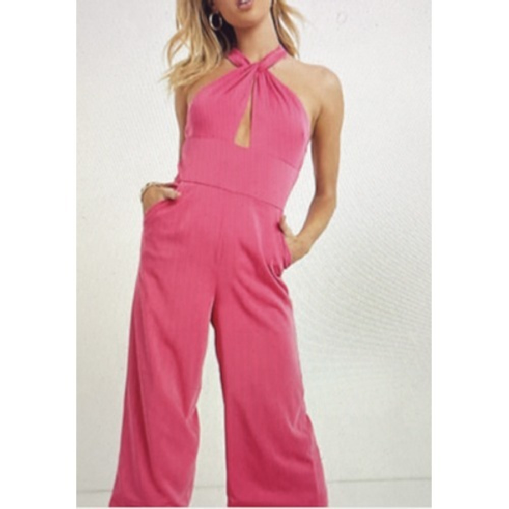 Lavish Alice Wide Leg Jumpsuit Womens US 10 Pink Halter Keyhole Party Evening